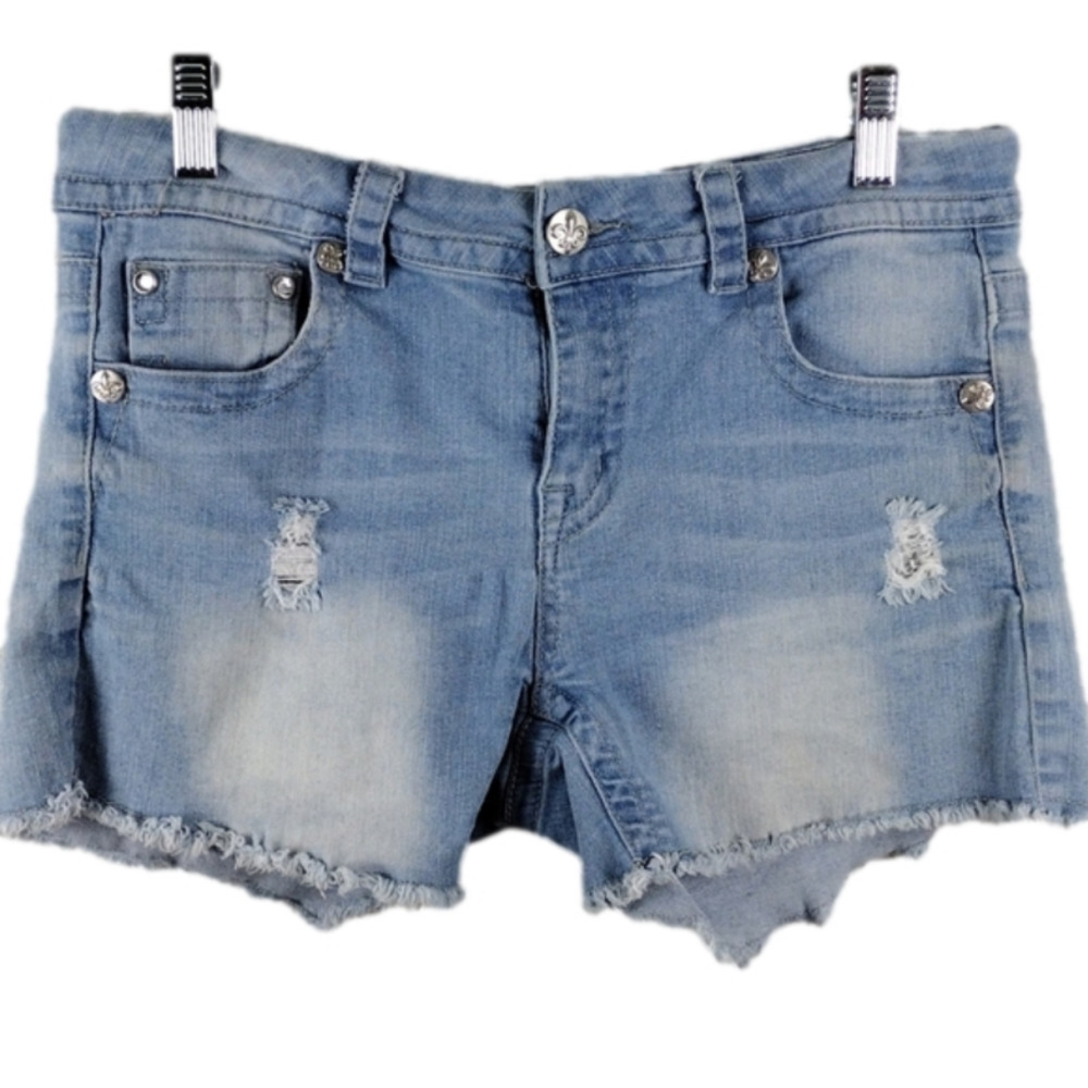 Rebel & Soul Blue Five Pocket Light Wash Mid Rise Distressed Cutoff Jean Shorts